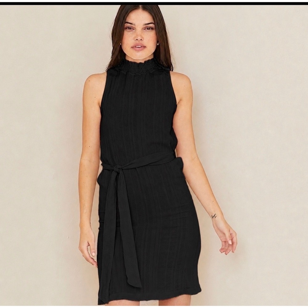 Bella Dahl Mini Dress Womens Small Black Smocked Neck Tie Waist Sleeveless Boho